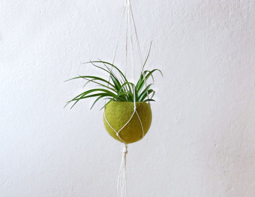 Macrame and olive green felt planter from Etsy shop The Yarn Kitchen