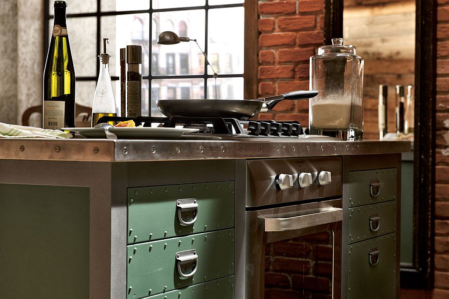 Metallic hinges, handles and solid painted wood drawers of the vintage kitchen island