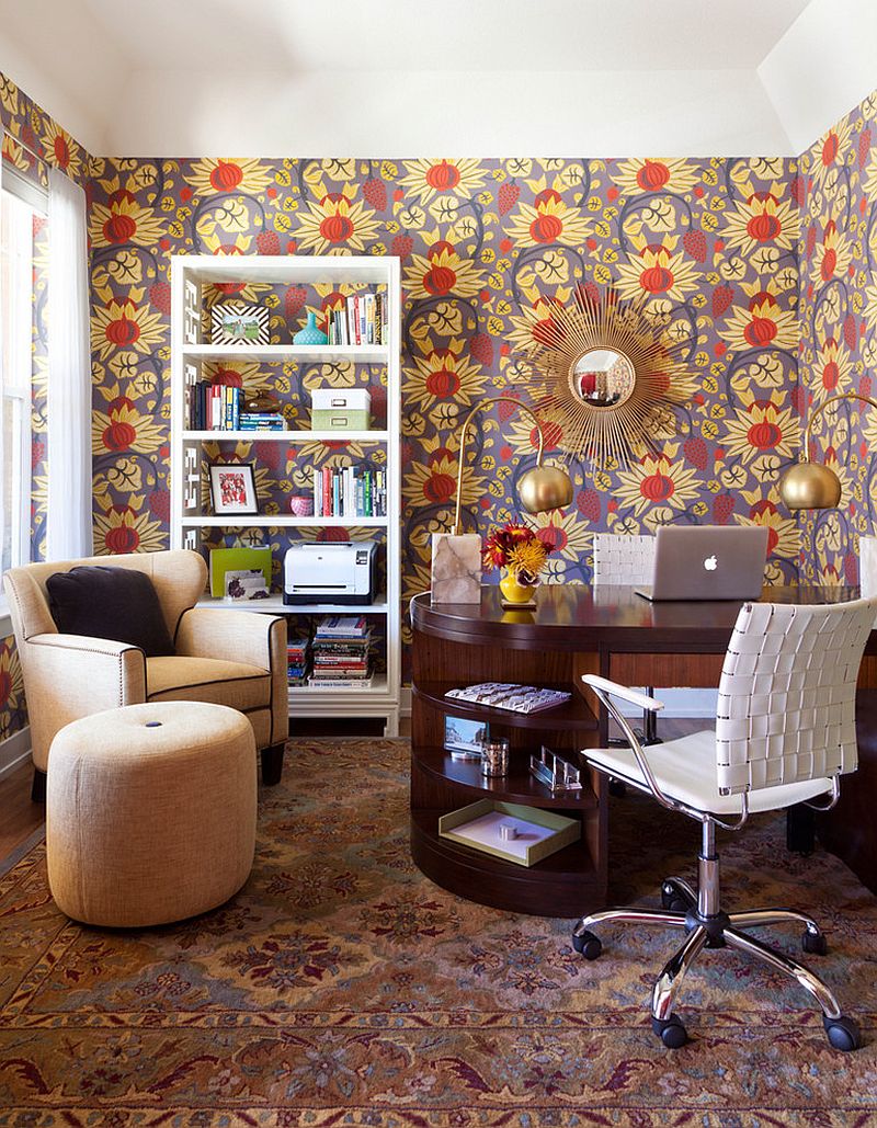 Midcentury home office with snazzy wallpaper [Design: Atelier Interior Design]