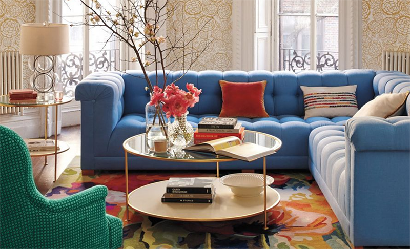 Mirrored Table with Blue Couch
