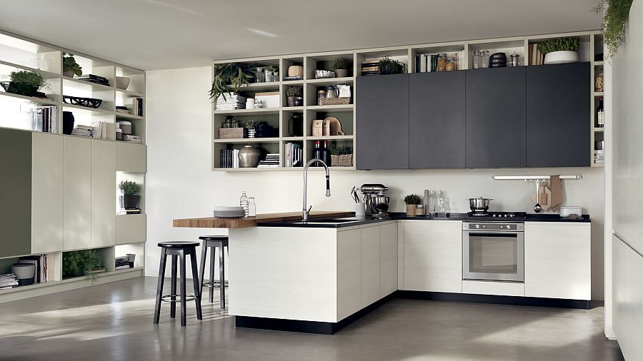 Multiple open and closed shelves give the kitchen plenty of storage space