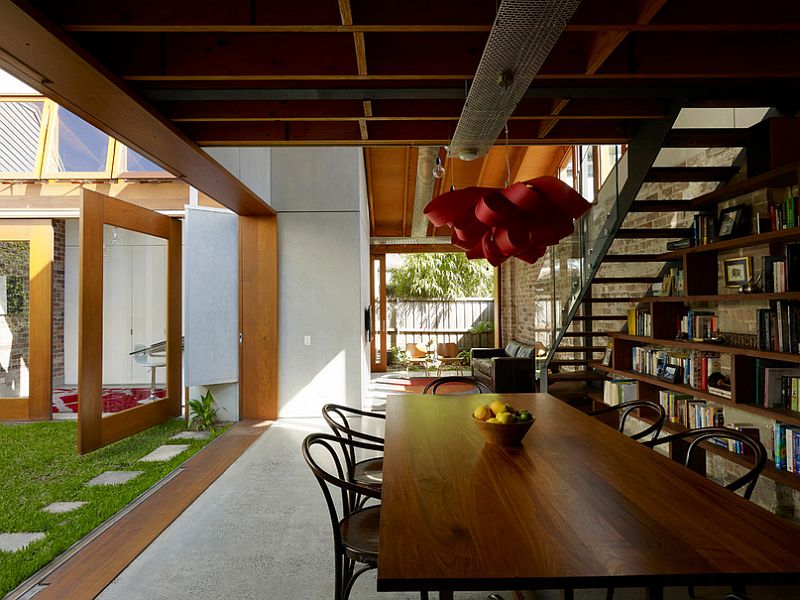 Pendant light adds color to the industrial dining room