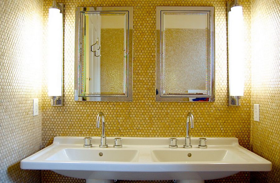 Penny tiles in lovely yellow give the bathroom a unique look