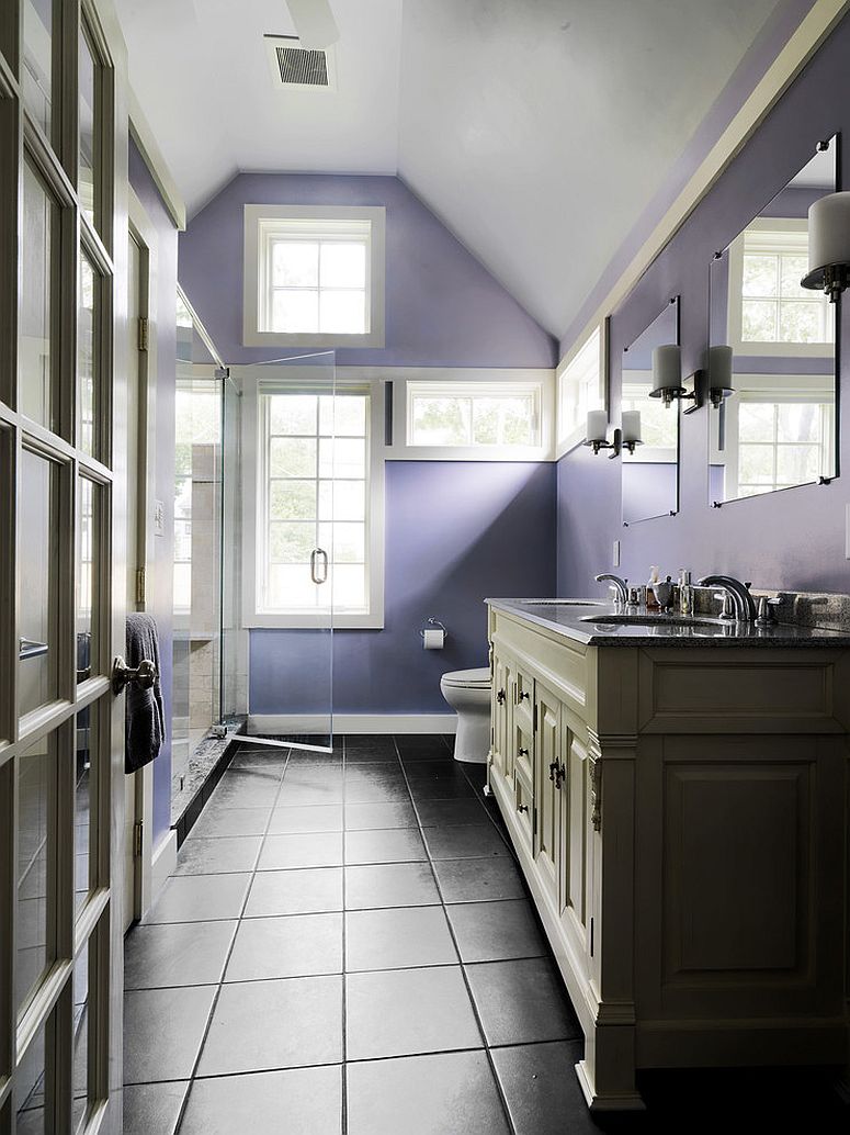 Purple helps paint a soothing backdrop in the stylish bathroom