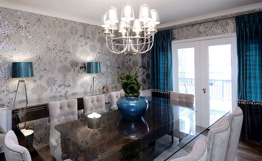 Refined dining room with gray, blacks and royal blue accents