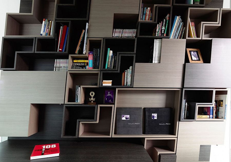 Shelves of the study inspired by the classic Ligne Roset sofas