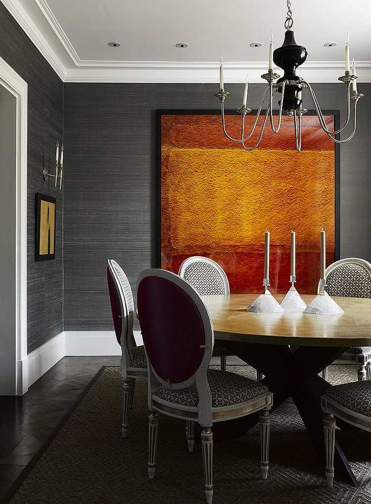 Silk wallpaper adds texture to the modern dining room [Design: Bruce Norman Long Interior Design]