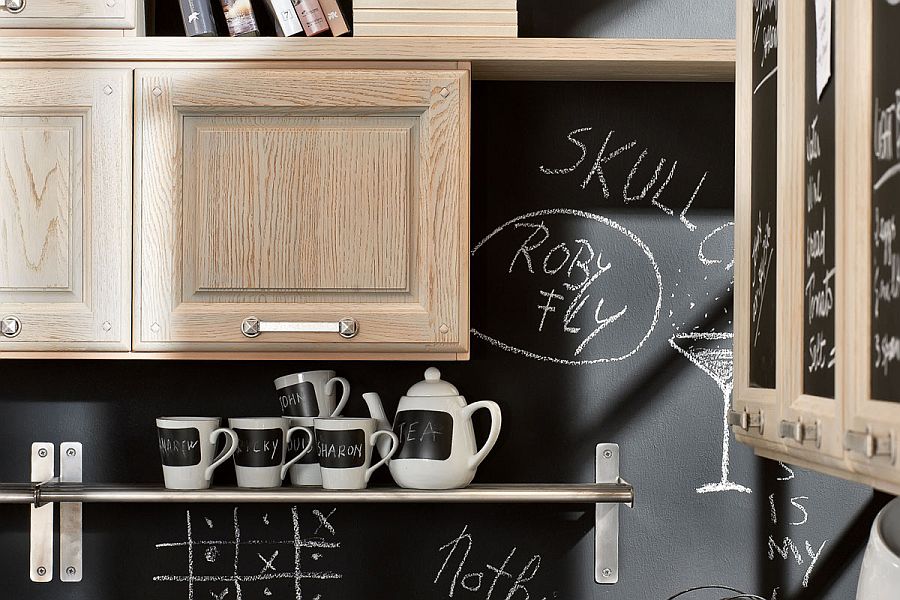 Sleek open shelves combined with closed wooden cabinets in the kitchen