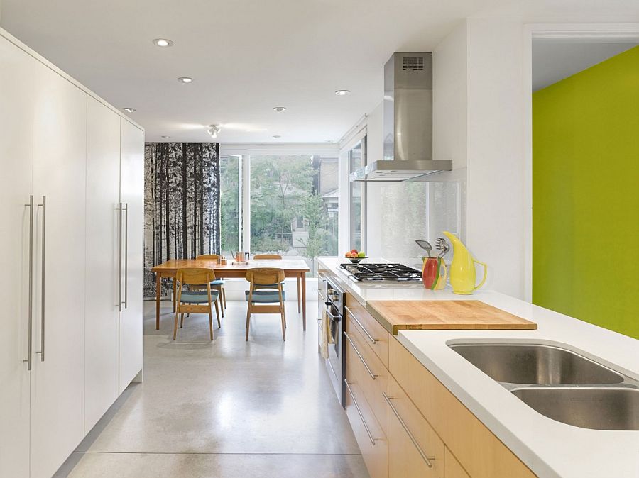 Sleek shelves help shape a creative and organized kitchen