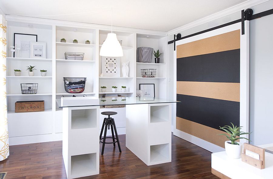 Sliding door adds color and pattern to the contemporary home office [Design: Love Nest Design]