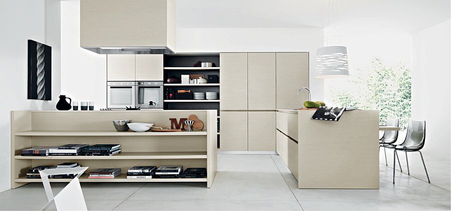 Small divider with open shelves helps demarcate spaces in open floor plan