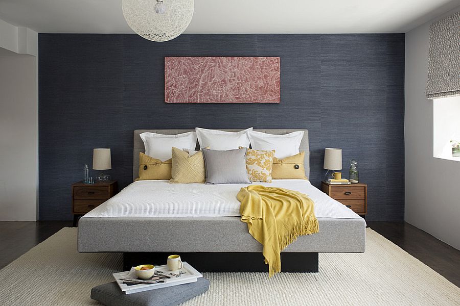 Snazzy contemporary bedroom with grasscloth wallcovering and Random light