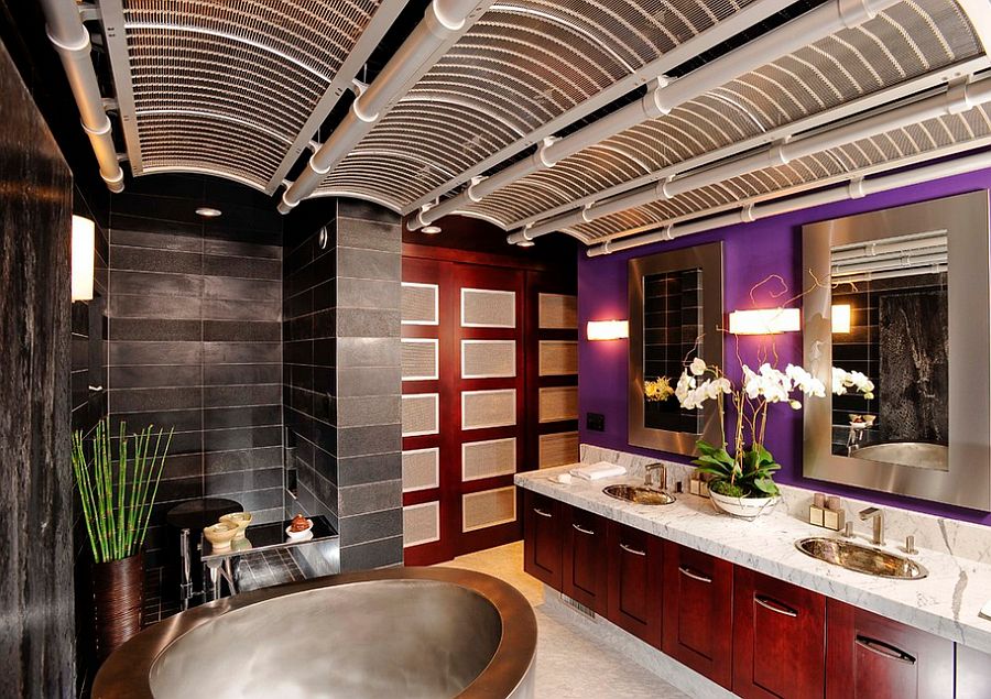 Spa-styled Asian bathroom with a splash of bright purple