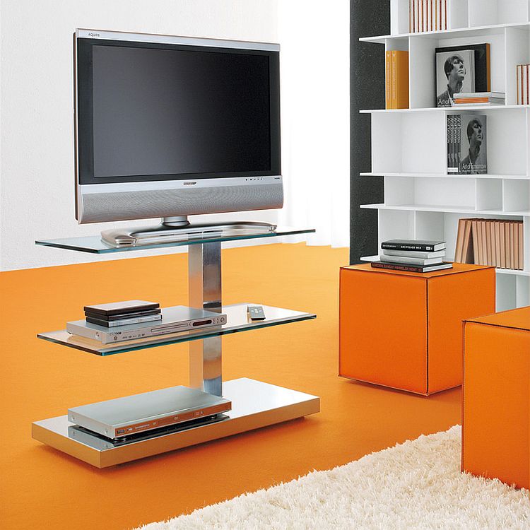 Standalone TV unit with steel frame and glass shelves takes up little space