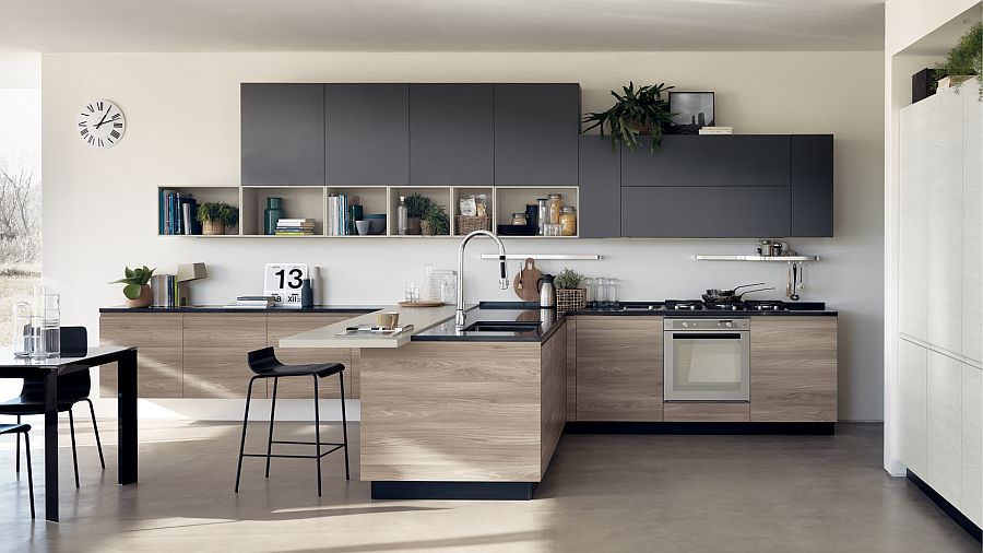 Stunning kitchen with wooden surfaces and gray has a soothing, contmporary vibe