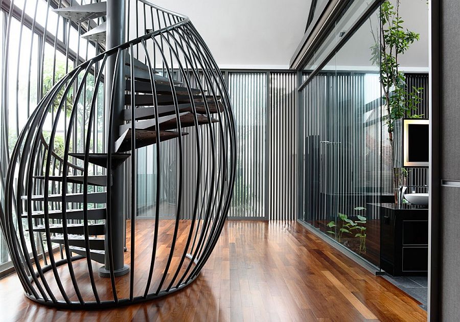 Stunning spiral staircase connecting the master bedroom to the study above