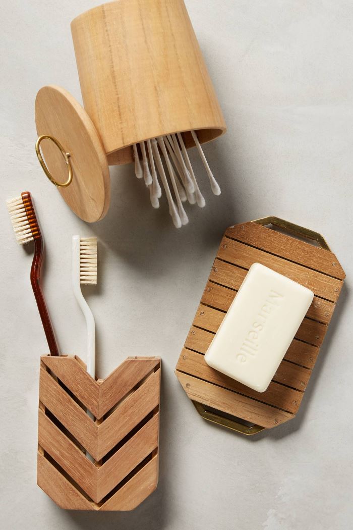 Teak bathroom containers from Anthropologie
