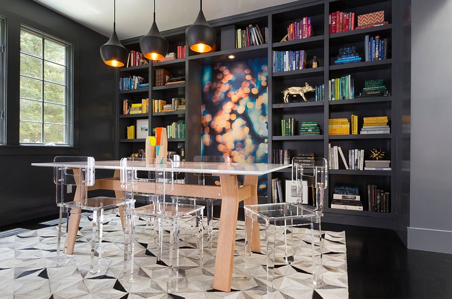 There is no shortage of color, class or creativity in this dark dining room! [Design: Ann Lowengart Interiors]