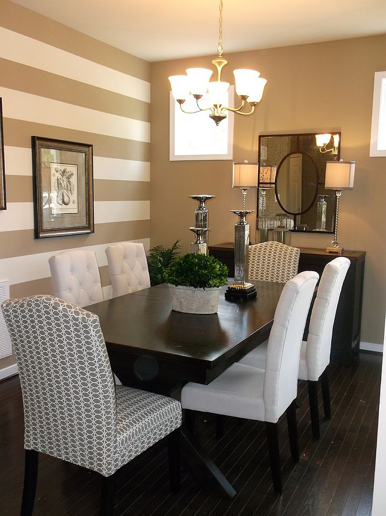 Traditional dining room with a striped accent wall [Design: Anita Roll Murals]