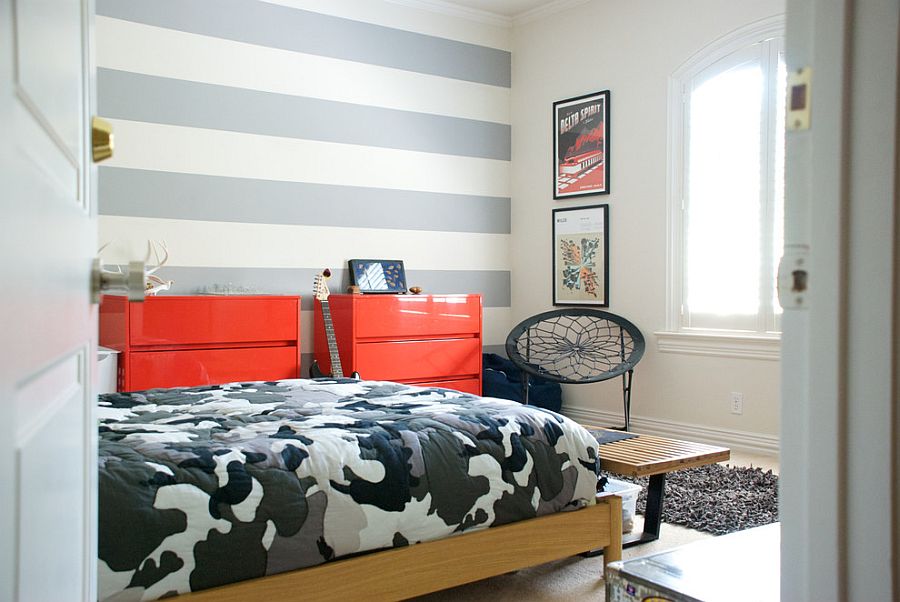 Trendy stripes in the tween bedroom shape a lovely accent wall [From: Hilary Walker / Our Style Stories]