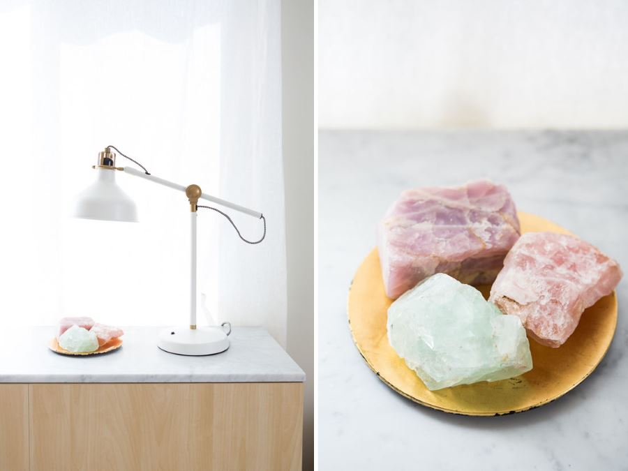 Trio of quartz crystals in a gold dish