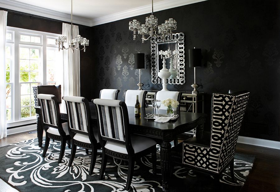 black wallpaper in dining room