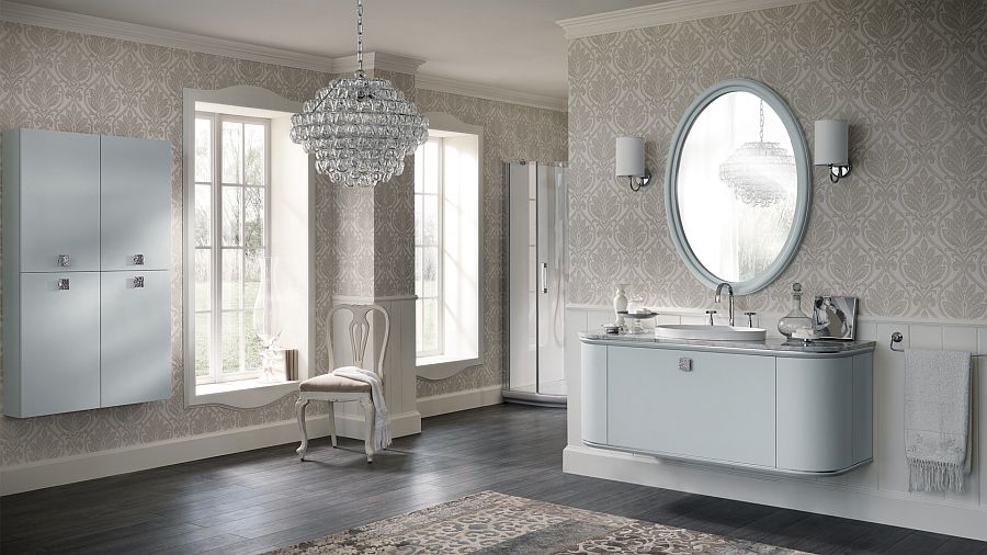 Vanity and shelf units with silver handles in the bathroom