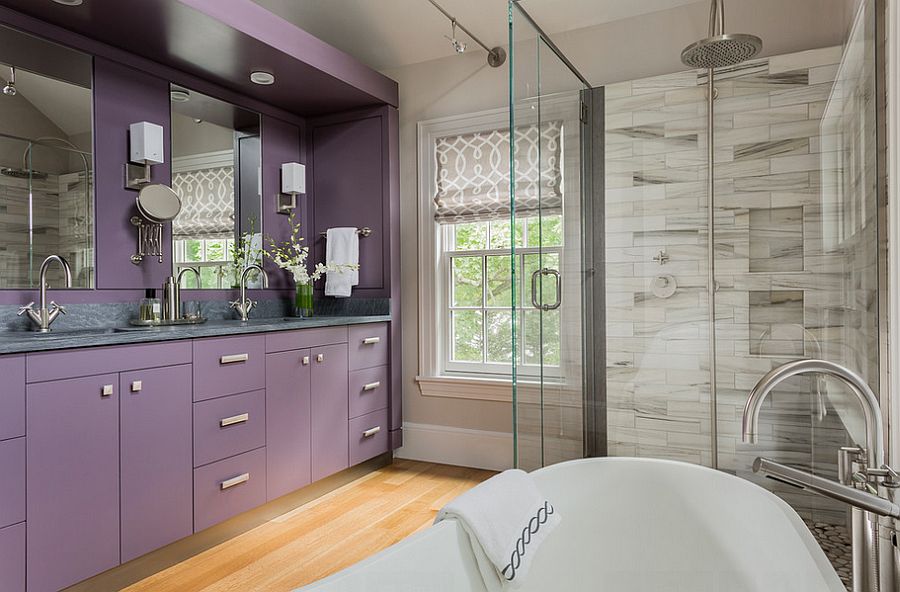 Vanity brings purple to the lavish master bath