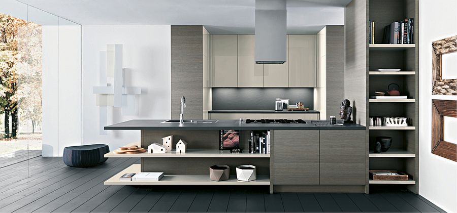 Versatile kitchen siland design with open shelves and closed cabinets