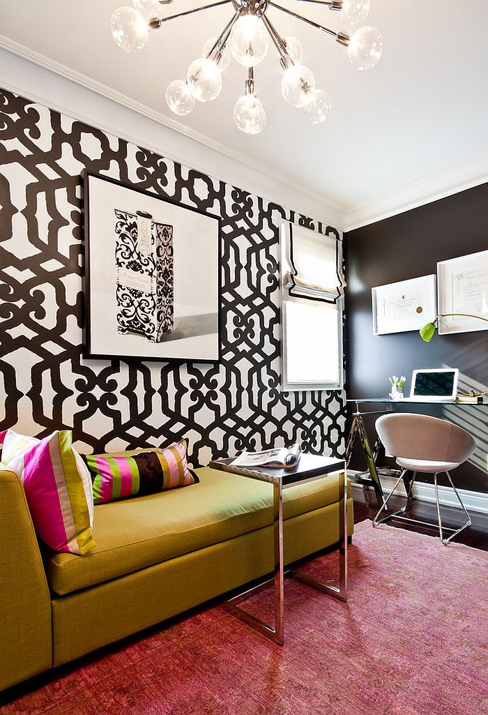 Wallpaper adds bold pattern to the beautiful home office [Design: Shirley Meisels]