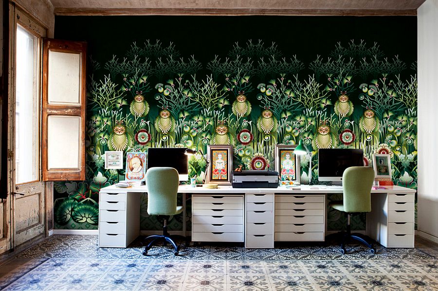 Wallpaper brings color and intrigue to the eclectic home office [Design: Catalina Estrada]