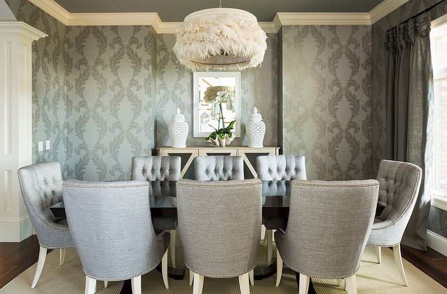 Wallpaper in gray adds pattern to the exquisite dining room