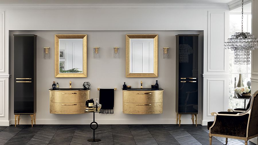 Washbasins in gold leaf finish bring opulence into the bathroom