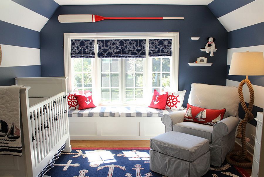 White and dark blue stripes along with decor usher in the nautical look [Design: Steffanie Danby Interiors]