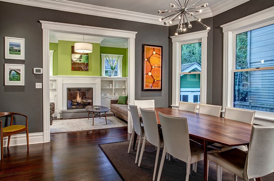 White trims bring added beauty to the gray dining room