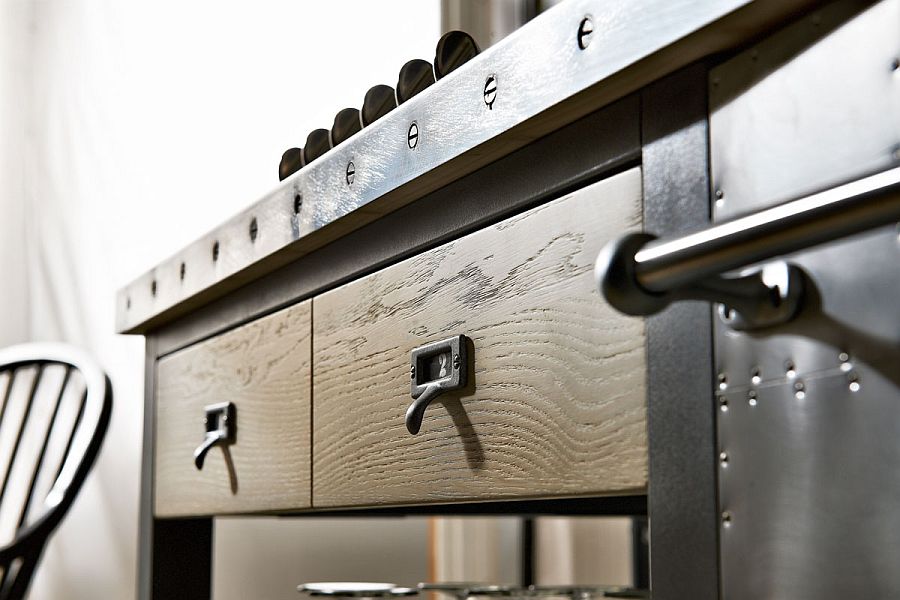 Wooden shelves add to the beauty of the classic kitchen