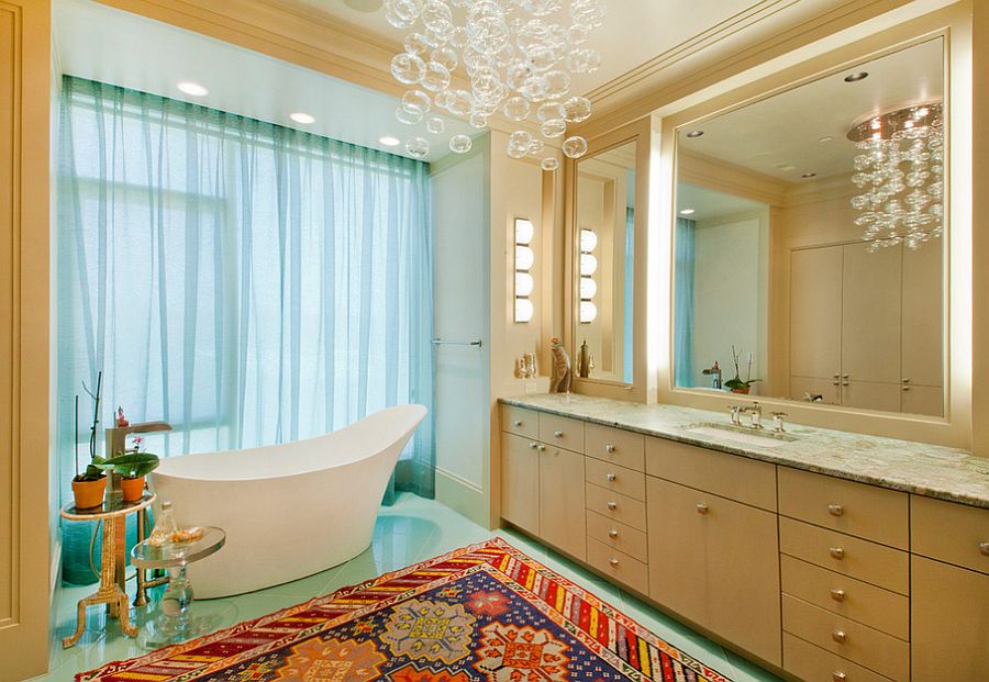 A chandelier with floating bubbles seems apt for the trendy, contemporary bathroom