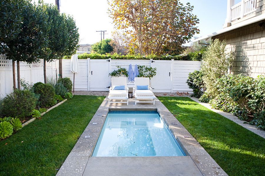 A tiny pool in the small urban backyard with concrete edges and grass on both sides.