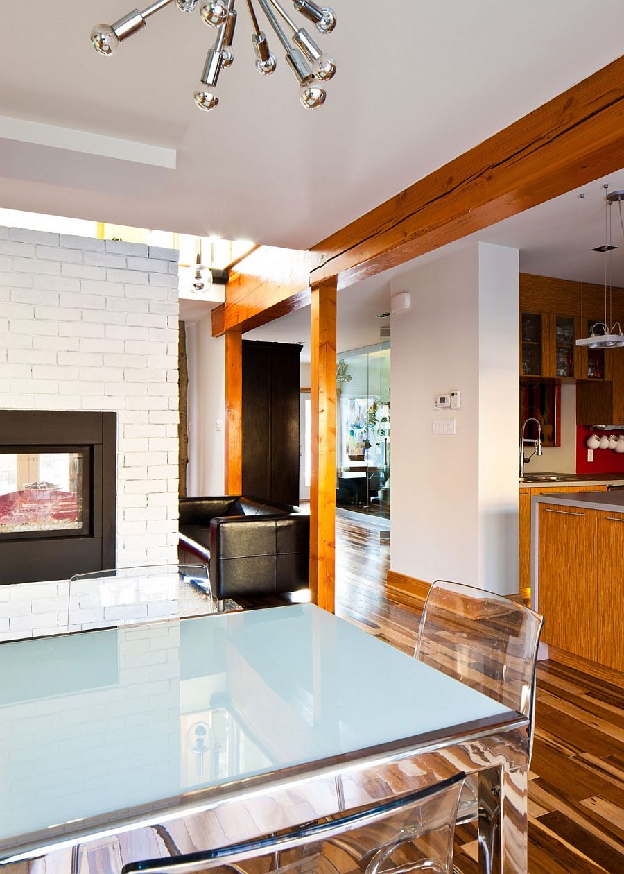 Acrylic chairs and smart lighting steal the show in the dining area