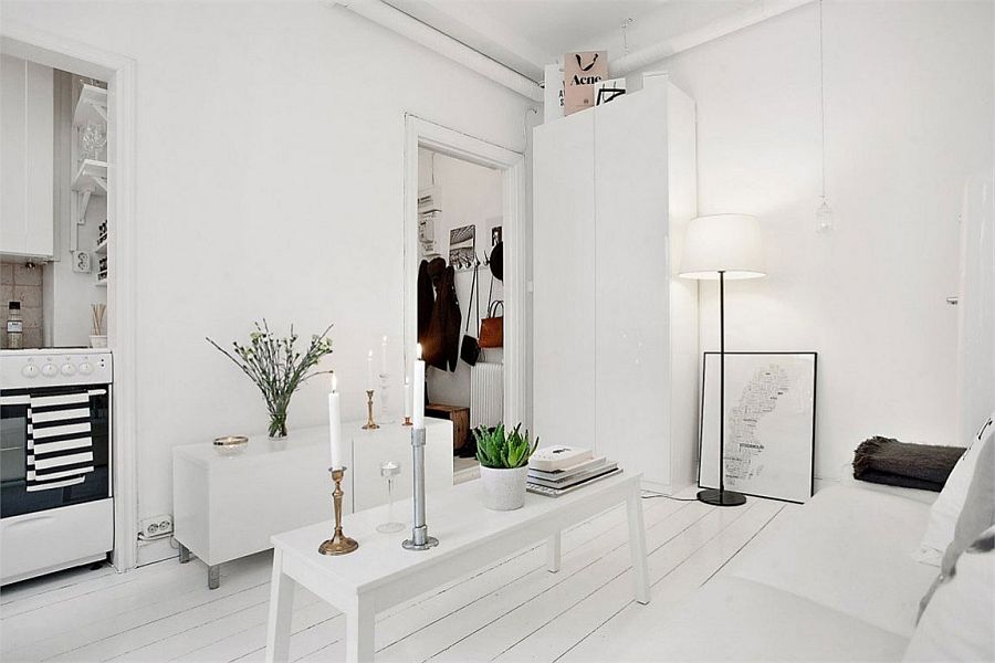 All-white living space with decor also in white