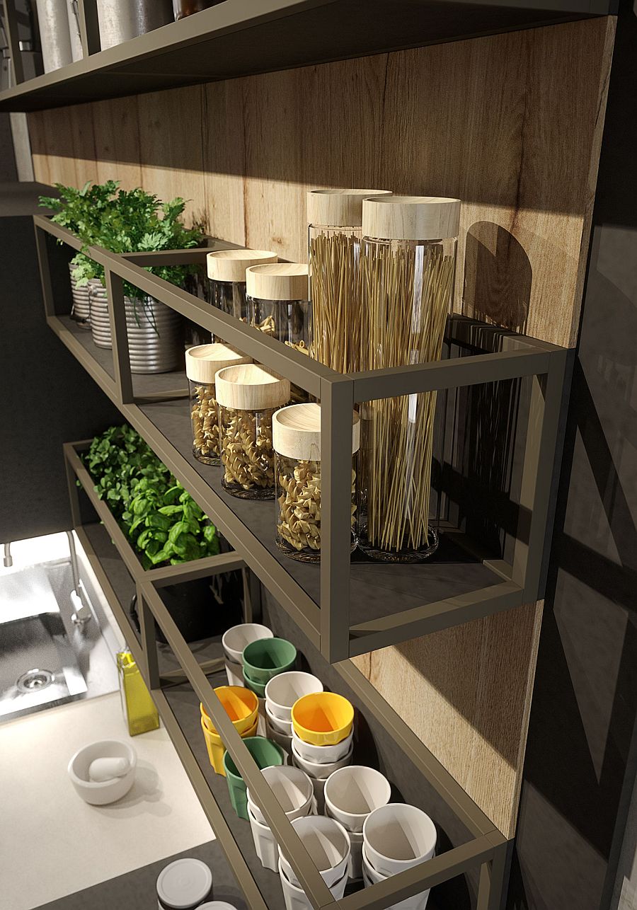 Aluminum shelves and laminate oak paneling shape the stylish wall-mounted kitchen shelf