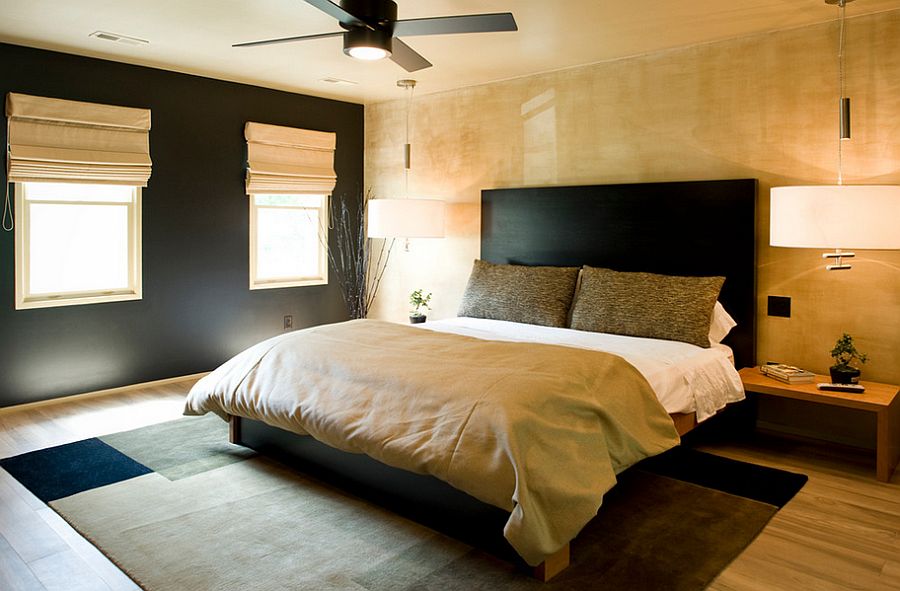 Asian inspired bedroom in black and gold