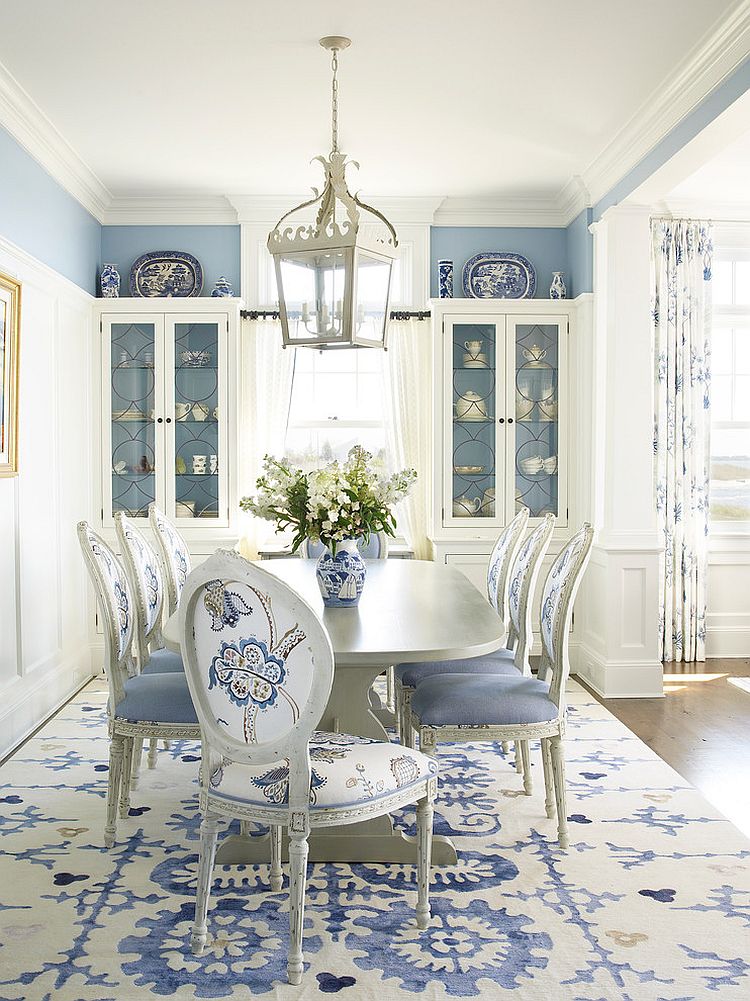 light blue and white dining room