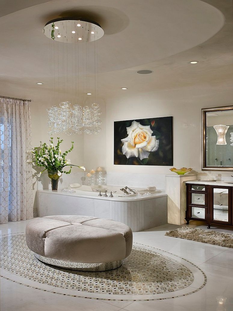 Beautiful cascading chandelier enlivens the contemporary bathroom [Design: W.A. Bentz Construction]