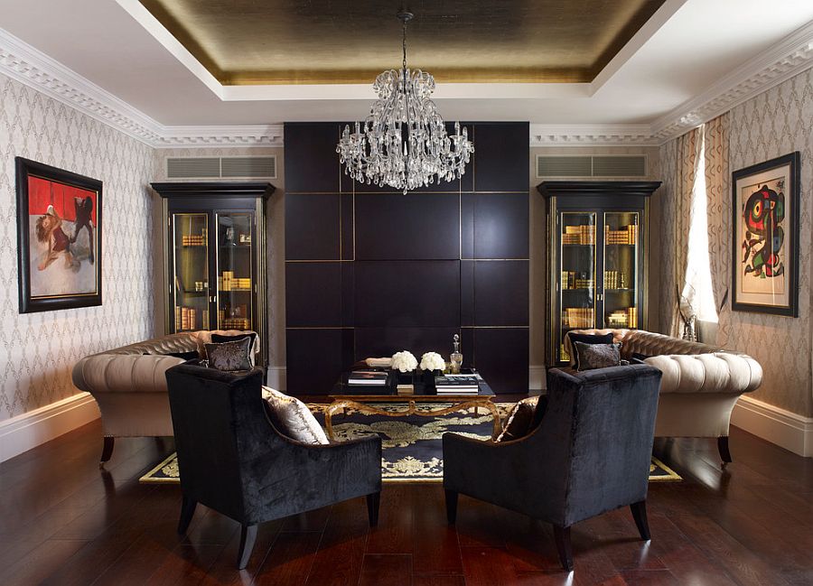 Black and gold coupled with beige in the living room