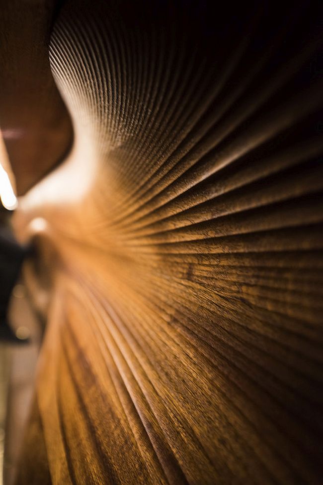 CNC'd mahogany turns the bar walls into works of art