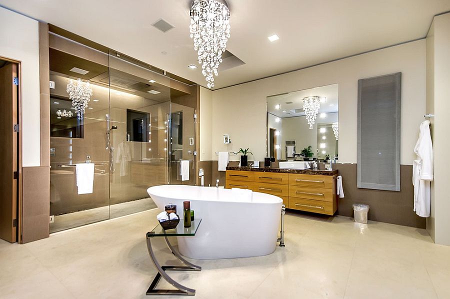 Cascading chandelier above the bathtub steals the show [Photography: Mark Pinkerton vi360]