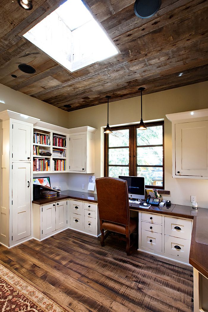 Ceilng design adds to the style of the rustic home office