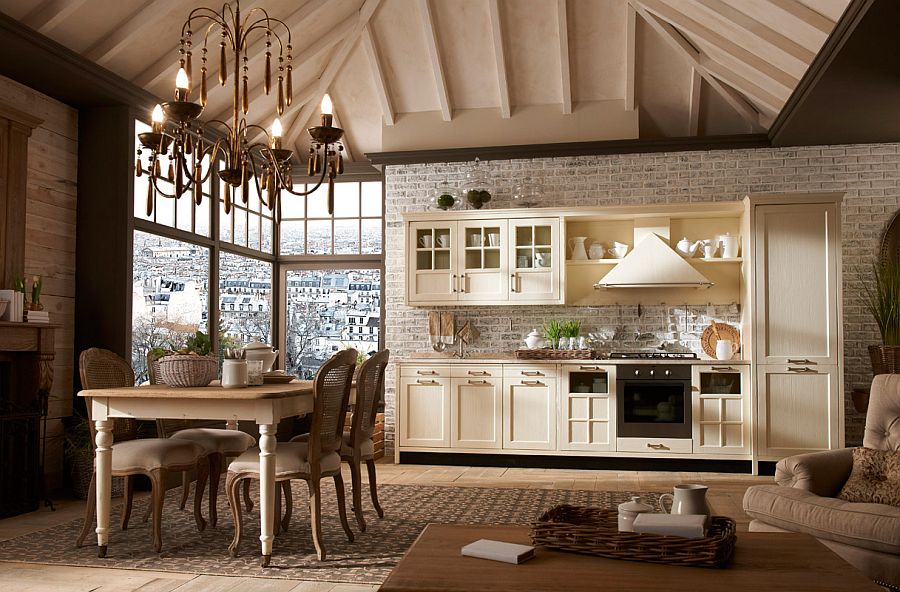 Chandelier lighting and dining space complement the kitchen style