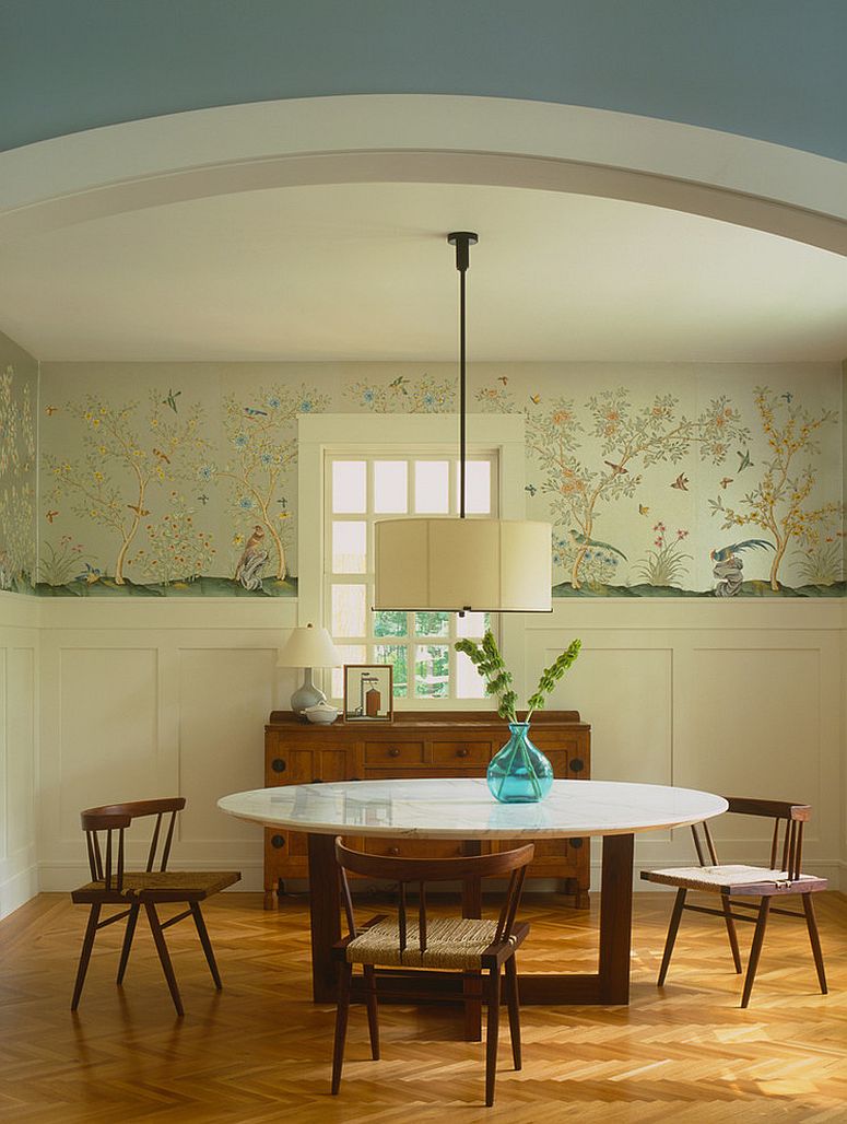 Classy use of wallpaper in the dining room